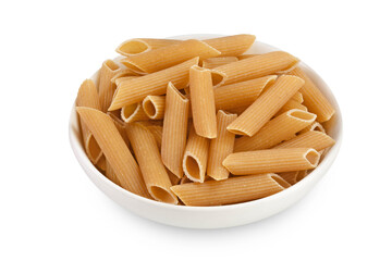 Wolegrain penne pasta from durum wheat in bowl isolated on white background with clipping path and full depth of field