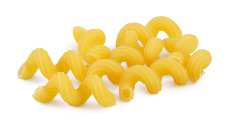 raw pasta cavatappi isolated on white background with clipping path and full depth of field.
