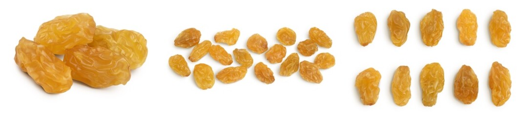 Yellow raisin isolated on white background with clipping path. Top view. Flat lay. Set or collection