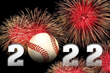 Baseball, Happy New Year 2022 with firework on black background