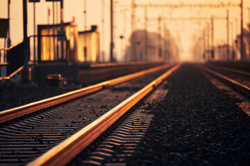 Fototapeta na wymiar Railway at golden sunrise. Selective focus railroad track in train station.