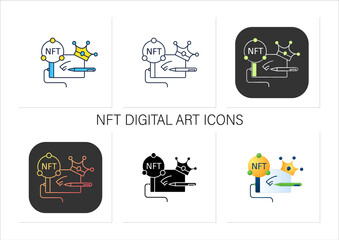 NFT digital art icons set.Arts with non fungible token coins.Represent digital files.Used to commodify digital creations.Collection of icons in linear,filled,color styles.Isolated vector illustrations