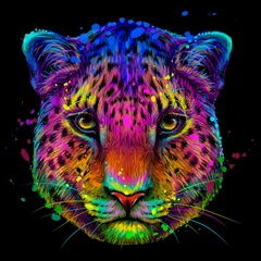 Foto op Plexiglas Abstract, multi-colored portrait of a Jaguar looking forward on a black background in watercolor style. Digital vector graphics. © AnastasiaOsipova