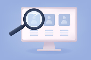 3d job hiring. Search for a vacancy by the candidate's resume. Choosing a professional. Opportunity to get a job. Magnifying glass on laptop screen. Online team research and interviews hiring. Vector