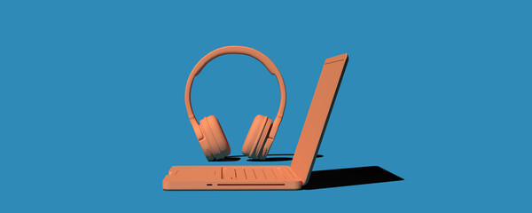 3D rendered Webinars and Field Event Concepts: Laptop and headset in simple abstract design. Remote communication in online business and education. Blue background with copy space for presentation