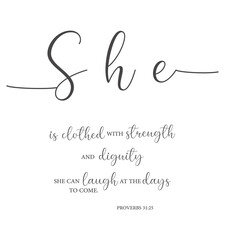 She is clothed with strength and dignity, Proverbs 31:25, bible verse poster, scripture wall print, Home wall decor, Woman gift, Christian banner, Minimalist Print, Christian card, vector illustration