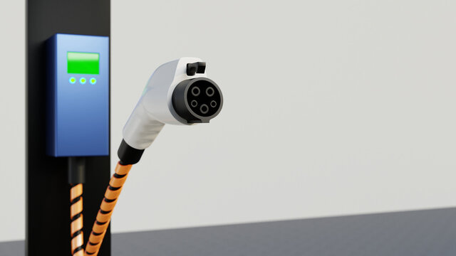Focus on the electric vehicle charging station connector. Selective focus. J1772 connector. EV charging service ad mock up. 3D rendering