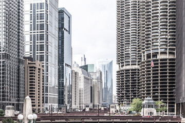 Impressive glass-enclosed skyscrapers in the city of Chicago