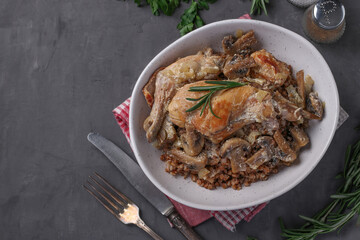 Rabbit meat with buckwheat, mushrooms and sour cream sauce in plate on a dark gray background. Copy space