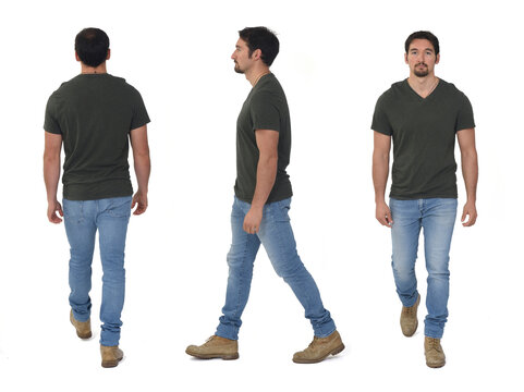 back; side and front view of same man walking on; white background
