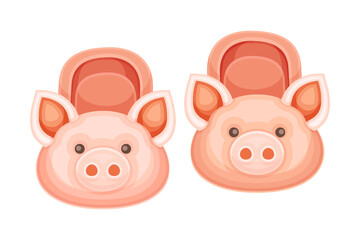 Pair of fluffy pig slippers, soft comfortable textile footwear for home cartoon vector illustration