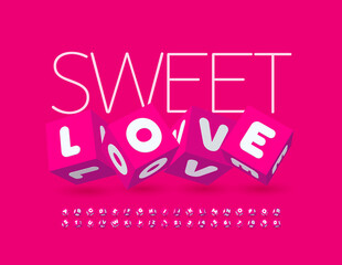Vector cute card Sweet Love. Pink and White Cubic Font. Bright block toy Alphabet Letters and Numbers set