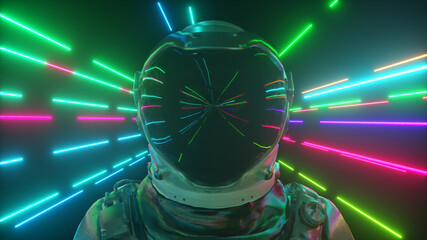 Astronaut in neon space close-up. Bright rays of neon fly by. 3d illustration