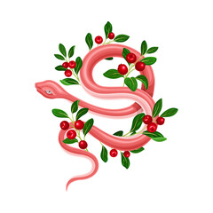 Naklejka premium Red snake coiled around cranberry branch vector illustration