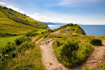 View of the path that runs over the cliffs to reach the western viewpoint of the Flysch route. Euskadi, Spain