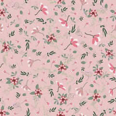 Pink seamless beautiful floral pattern. Small twigs, pale pink flowers, green leaves, inflorescences, blades of grass. Square vector illustration. Used for fabric, print. Eps 10