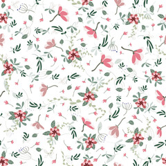 Seamless beautiful fresh floral pattern on a white background. Small twigs, soft pink flowers, green leaves, inflorescences, blades of grass. Square vector illustration. Used for fabric, print. Eps 10
