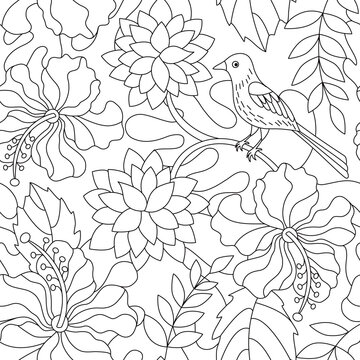 Flowers and bird coloring seamless pattern. Creative Black and white vector illustration.