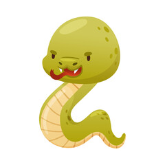 Cute green snake with fangs. Funny wild reptile baby animal cartoon vector illustration