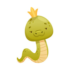 Cute green snake princess in golden crown. Funny wild reptile baby animal cartoon vector illustration