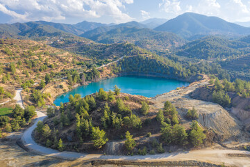 Memi lake in open pit of abandoned pyrite mine in Xyliatos, Cyprus. Ecological restoration and...