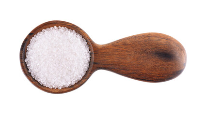 Granulated sugar in wooden spoon, isolated on white background. White sugar. Top view.