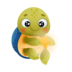 Cute turtle astronaut floating with star in its paws. Adorable baby tortoise character flying in outer space vector illustration