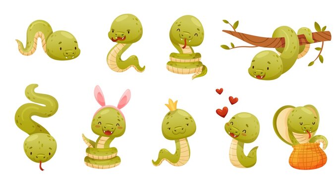 Cute green snake doing various actions set. Funny wild reptile baby animal cartoon vector illustration