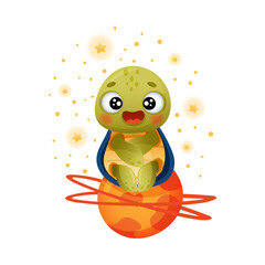 Cute turtle floating in outer space. Adorable baby tortoise character vector illustration