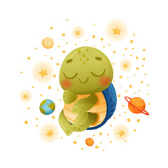 Cute turtle floating in outer space. Adorable baby tortoise character astronaut vector illustration