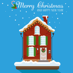 Christmas house with snow decorated lights. Happy new year. Flat cartoon style vector illustration.