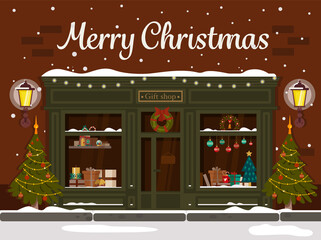 Christmas gift shop. Decorated building facade. Vector illustration in a flat style.