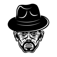 Gangster man head in fedora hat with bristle. Vector character illustration in vintage monochrome style isolated on white background