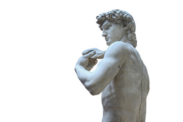 copy of the marble sculpture of David by the great sculptor Michelangelo. Ancient sculpture, hero statue - 466993939