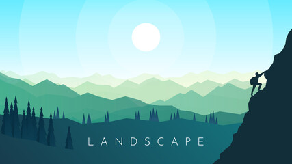 Man climbing mountain. Travel concept of discovering, exploring, observing nature. Hiking tourism. Adventure. Minimalist graphic flyer. Polygonal flat design. Vector illustration landscape