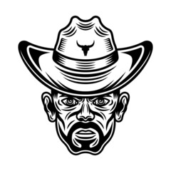 Cowboy man head with bristle in hat vector character illustration in vintage monochrome style isolated on white background