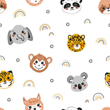 Cartoon Cute Animal Faces Vector Seamless pattern. Rainbow and Wild Animals: Tiger, Elephant, Sloth, Panda, Monkey, Alpaca, Koala and Leopard. Baby Background