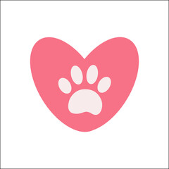 White paw print of an animal on a pink heart is a love and care symbol logo icon sign.