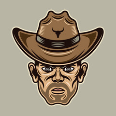 Cowboy man head with bristle in hat vector character illustration in colored cartoon style on light background