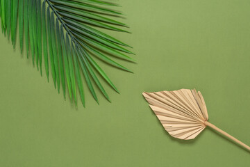 Green palm leaves artificial and dry palm leaf on green paper background. Top view, flat lay. Flower composition.