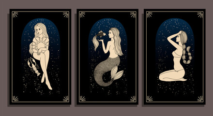 Zodiac signs collection. Mystical silhouettes. Astrological symbols. Illustrations of naked women. Mysterious images in the starry sky. Mythical characters. The element of the signs of the zodiac.