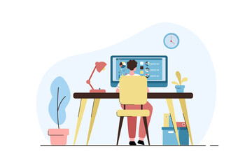 Man working at home office. Freelance or studying concept. Modern flat vector illustration