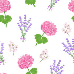 Botanical background. Seamless pattern with pink geraniums, lavender and verbena flowers. Vector illustrations of garden plants in cartoon flat style. - obrazy, fototapety, plakaty