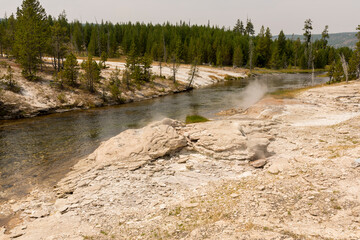 trees, river, Geyser and hot spring in old faithful basin in Yellowstone National Park in Wyoming
