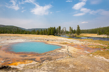 trees, river, Geyser and hot spring in old faithful basin in Yellowstone National Park in Wyoming