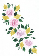 Pink roses branch. Hand painted watercolor illustration.