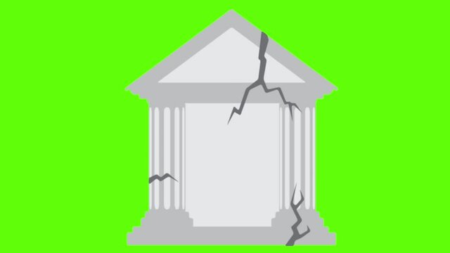 Animated cartoon icon of a historic building with cracked columns and roof