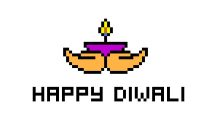 Fototapeta premium Pixel art Happy Diwali banner. Diya lamp in hands on white background with text, 8 bit print. Indian festival of lights card. Old school retro 80s, 90s 2d computer, video game, slot machine graphics.