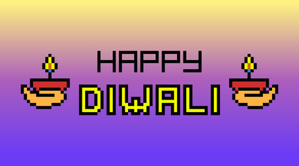 Pixel art Happy Diwali banner. Diya lamp in hands on gradient background with text, 8 bit print.Indian festival of lights card. Old school retro 80s, 90s 2d computer, video game, slot machine graphics