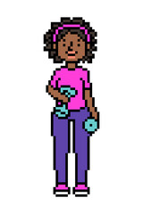 Black girl with two dumbbells, 8 bit pixel art character isolated on white. Woman on a fitness workout with weights. Old school vintage retro 80s, 90s 2d computer, video game, slot machine graphics.
